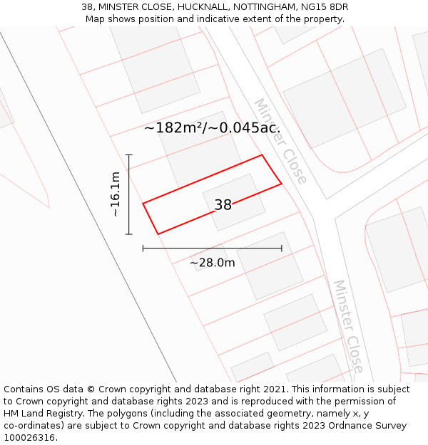38, MINSTER CLOSE, HUCKNALL, NOTTINGHAM, NG15 8DR: Plot and title map