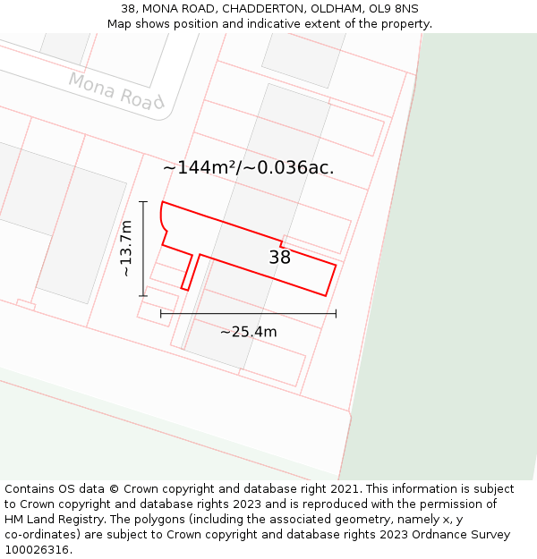 38, MONA ROAD, CHADDERTON, OLDHAM, OL9 8NS: Plot and title map