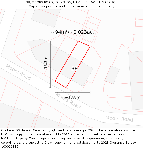 38, MOORS ROAD, JOHNSTON, HAVERFORDWEST, SA62 3QE: Plot and title map