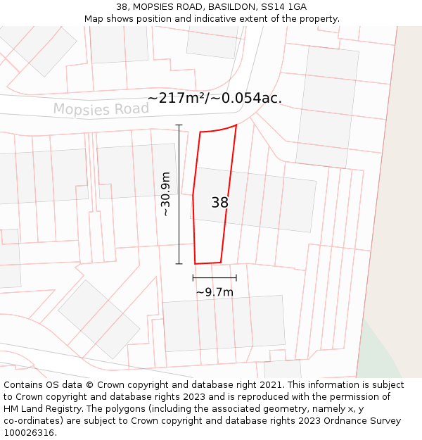 38, MOPSIES ROAD, BASILDON, SS14 1GA: Plot and title map
