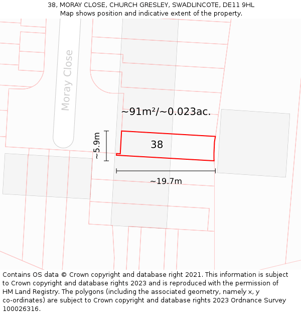 38, MORAY CLOSE, CHURCH GRESLEY, SWADLINCOTE, DE11 9HL: Plot and title map