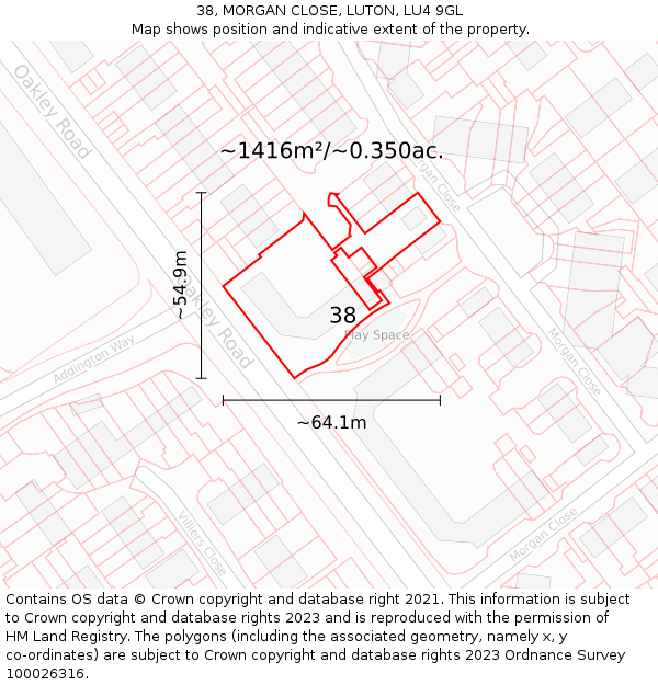 38, MORGAN CLOSE, LUTON, LU4 9GL: Plot and title map