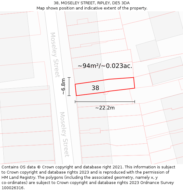 38, MOSELEY STREET, RIPLEY, DE5 3DA: Plot and title map