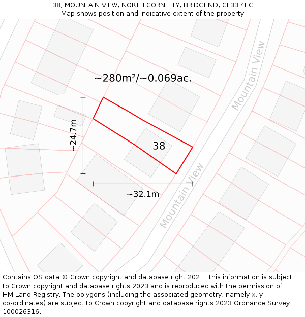 38, MOUNTAIN VIEW, NORTH CORNELLY, BRIDGEND, CF33 4EG: Plot and title map