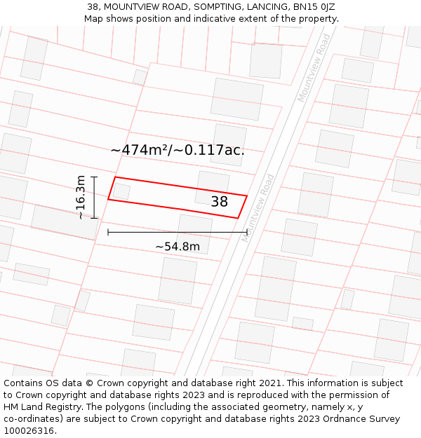 38, MOUNTVIEW ROAD, SOMPTING, LANCING, BN15 0JZ: Plot and title map