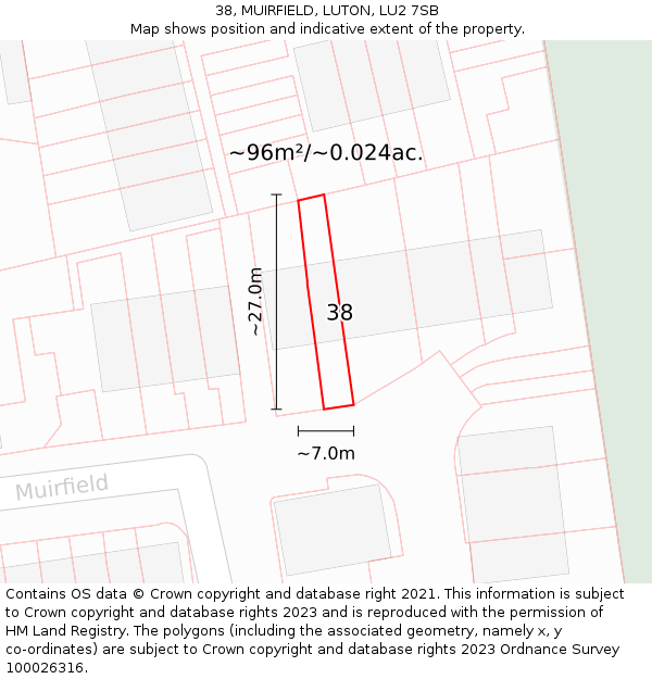 38, MUIRFIELD, LUTON, LU2 7SB: Plot and title map
