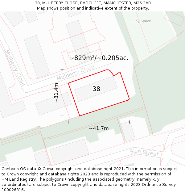 38, MULBERRY CLOSE, RADCLIFFE, MANCHESTER, M26 3AR: Plot and title map