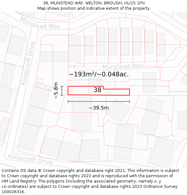 38, MUNSTEAD WAY, WELTON, BROUGH, HU15 1FN: Plot and title map