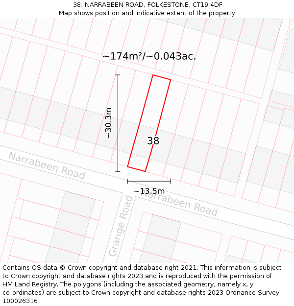 38, NARRABEEN ROAD, FOLKESTONE, CT19 4DF: Plot and title map