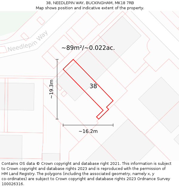 38, NEEDLEPIN WAY, BUCKINGHAM, MK18 7RB: Plot and title map