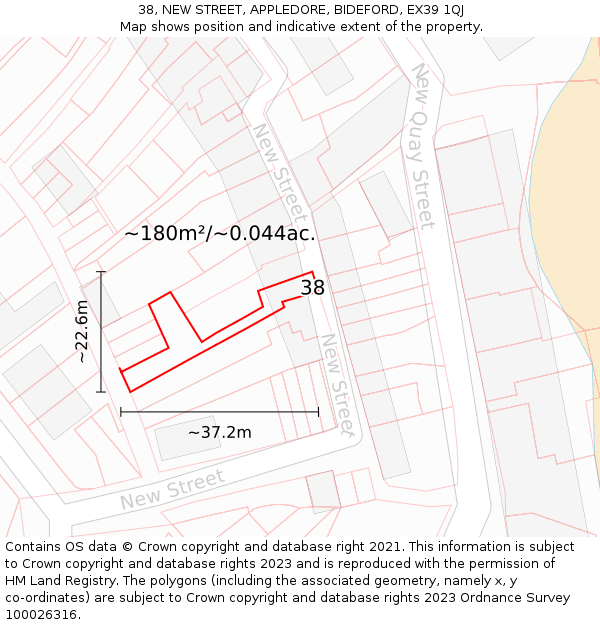 38, NEW STREET, APPLEDORE, BIDEFORD, EX39 1QJ: Plot and title map