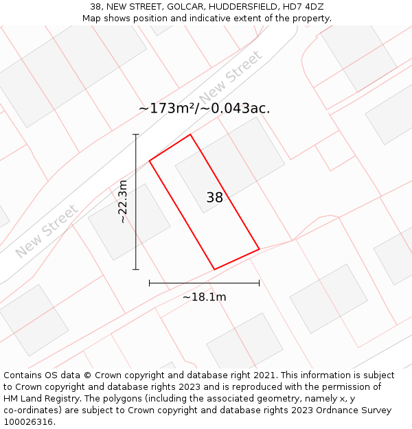 38, NEW STREET, GOLCAR, HUDDERSFIELD, HD7 4DZ: Plot and title map