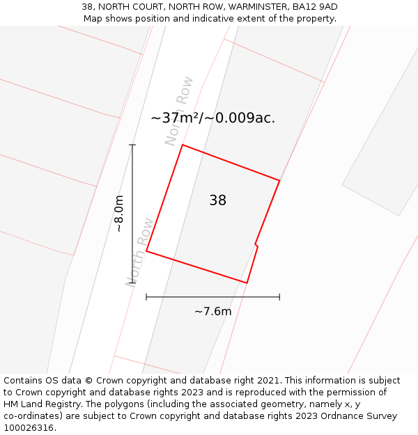 38, NORTH COURT, NORTH ROW, WARMINSTER, BA12 9AD: Plot and title map