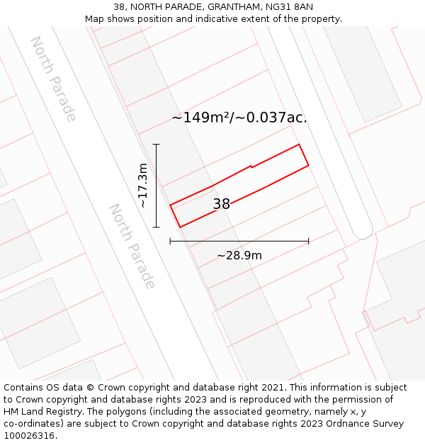 38, NORTH PARADE, GRANTHAM, NG31 8AN: Plot and title map