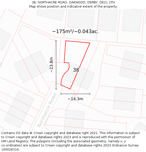 38, NORTHACRE ROAD, OAKWOOD, DERBY, DE21 2TN: Plot and title map