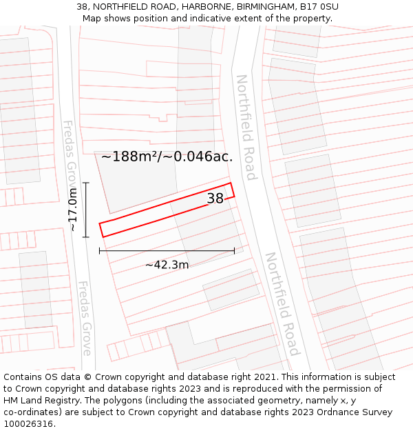 38, NORTHFIELD ROAD, HARBORNE, BIRMINGHAM, B17 0SU: Plot and title map