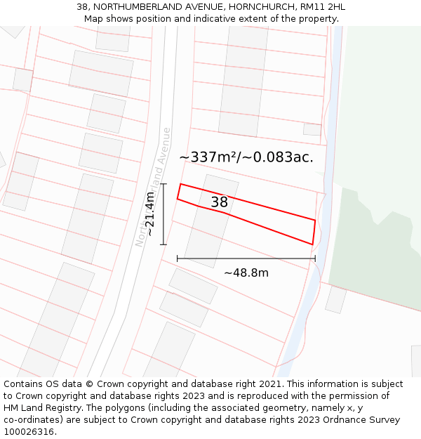 38, NORTHUMBERLAND AVENUE, HORNCHURCH, RM11 2HL: Plot and title map