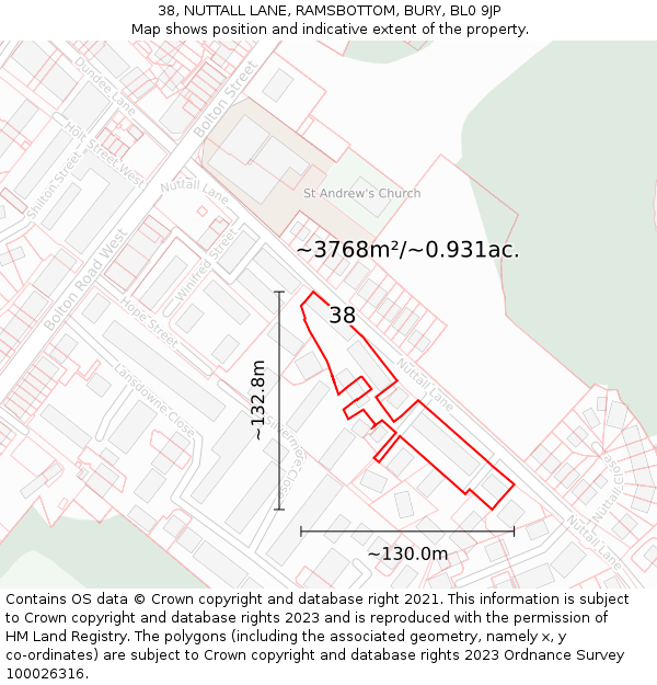 38, NUTTALL LANE, RAMSBOTTOM, BURY, BL0 9JP: Plot and title map