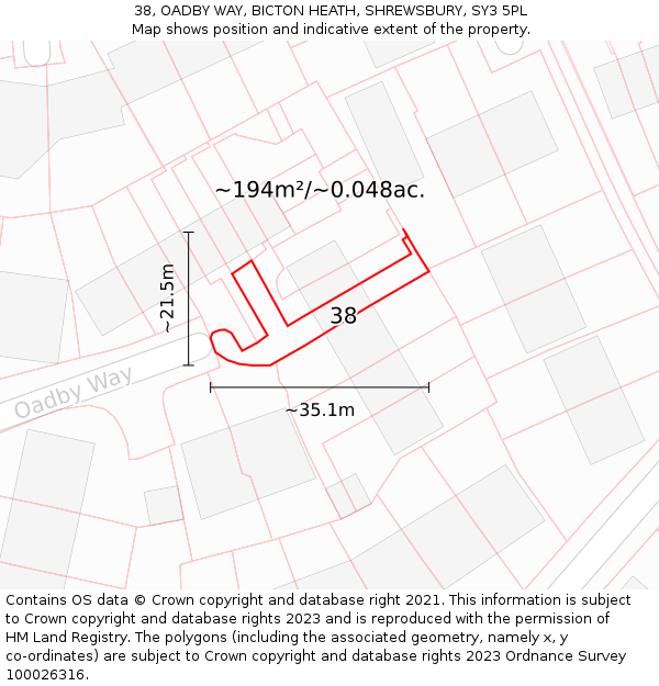 38, OADBY WAY, BICTON HEATH, SHREWSBURY, SY3 5PL: Plot and title map