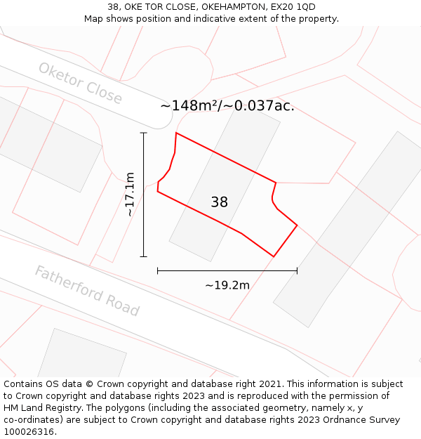 38, OKE TOR CLOSE, OKEHAMPTON, EX20 1QD: Plot and title map