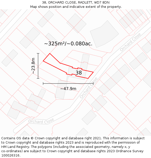 38, ORCHARD CLOSE, RADLETT, WD7 8DN: Plot and title map