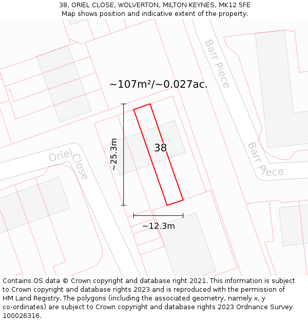 38, ORIEL CLOSE, WOLVERTON, MILTON KEYNES, MK12 5FE: Plot and title map