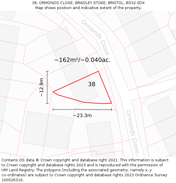 38, ORMONDS CLOSE, BRADLEY STOKE, BRISTOL, BS32 0DX: Plot and title map
