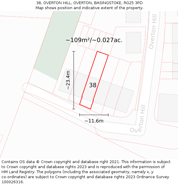 38, OVERTON HILL, OVERTON, BASINGSTOKE, RG25 3PD: Plot and title map