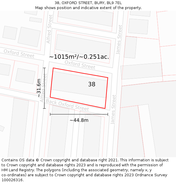 38, OXFORD STREET, BURY, BL9 7EL: Plot and title map