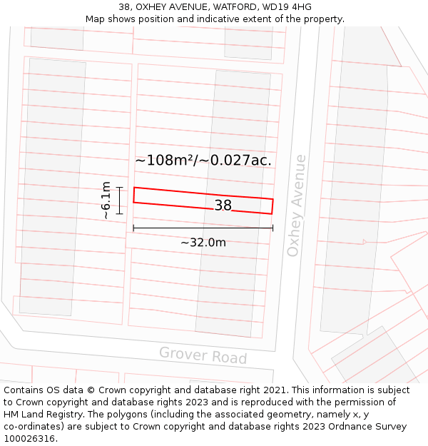 38, OXHEY AVENUE, WATFORD, WD19 4HG: Plot and title map