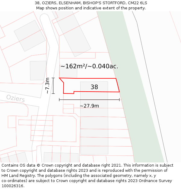 38, OZIERS, ELSENHAM, BISHOP'S STORTFORD, CM22 6LS: Plot and title map
