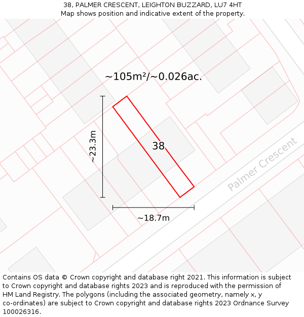 38, PALMER CRESCENT, LEIGHTON BUZZARD, LU7 4HT: Plot and title map