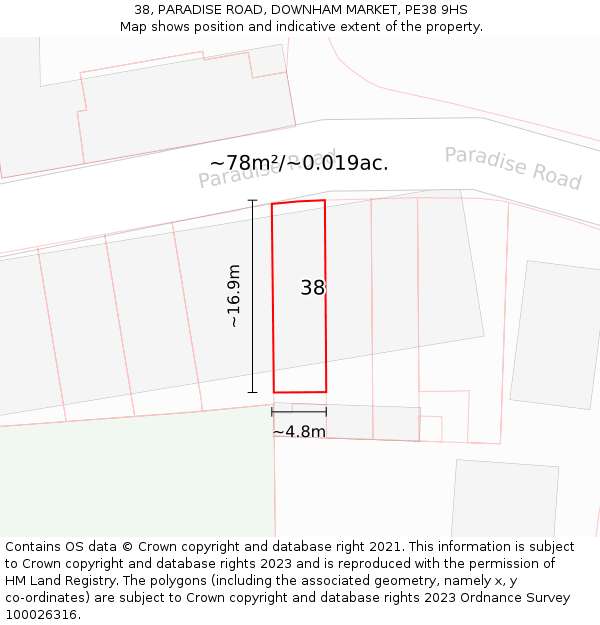 38, PARADISE ROAD, DOWNHAM MARKET, PE38 9HS: Plot and title map