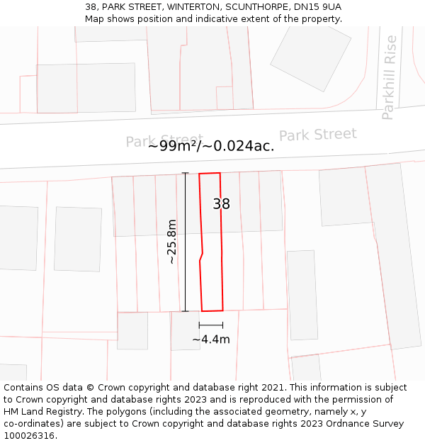 38, PARK STREET, WINTERTON, SCUNTHORPE, DN15 9UA: Plot and title map