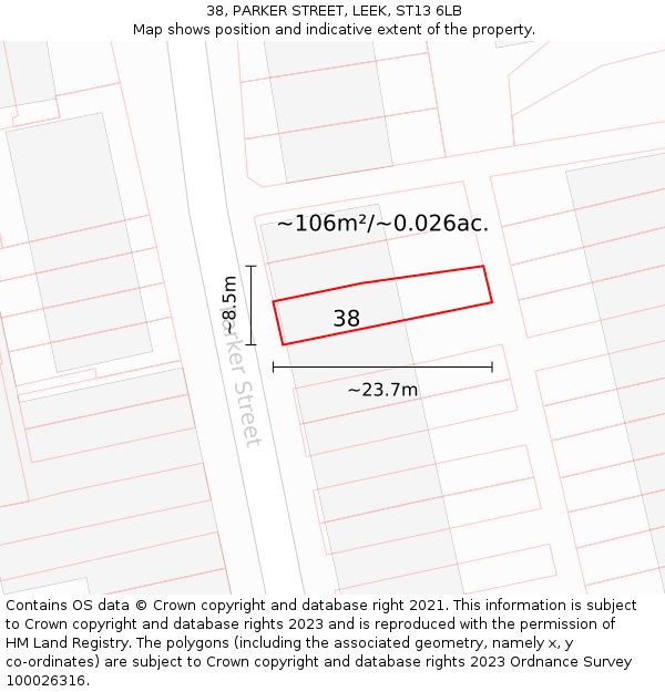 38, PARKER STREET, LEEK, ST13 6LB: Plot and title map