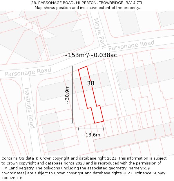 38, PARSONAGE ROAD, HILPERTON, TROWBRIDGE, BA14 7TL: Plot and title map