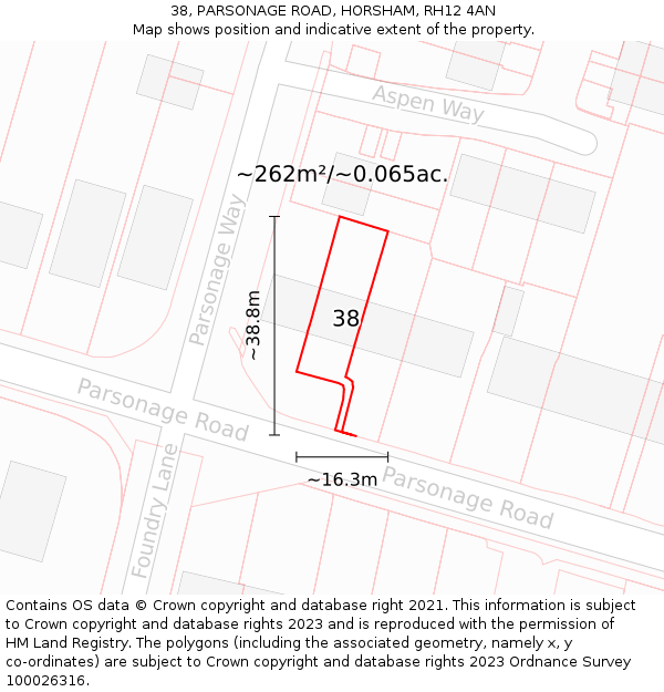 38, PARSONAGE ROAD, HORSHAM, RH12 4AN: Plot and title map