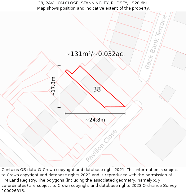 38, PAVILION CLOSE, STANNINGLEY, PUDSEY, LS28 6NL: Plot and title map