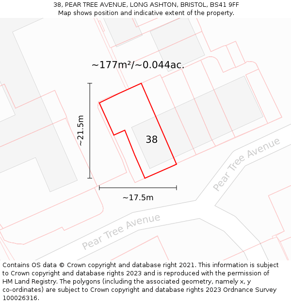 38, PEAR TREE AVENUE, LONG ASHTON, BRISTOL, BS41 9FF: Plot and title map