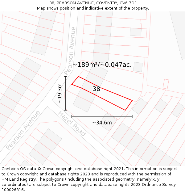 38, PEARSON AVENUE, COVENTRY, CV6 7DF: Plot and title map