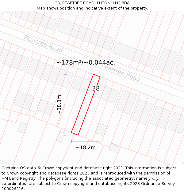 38, PEARTREE ROAD, LUTON, LU2 8BA: Plot and title map