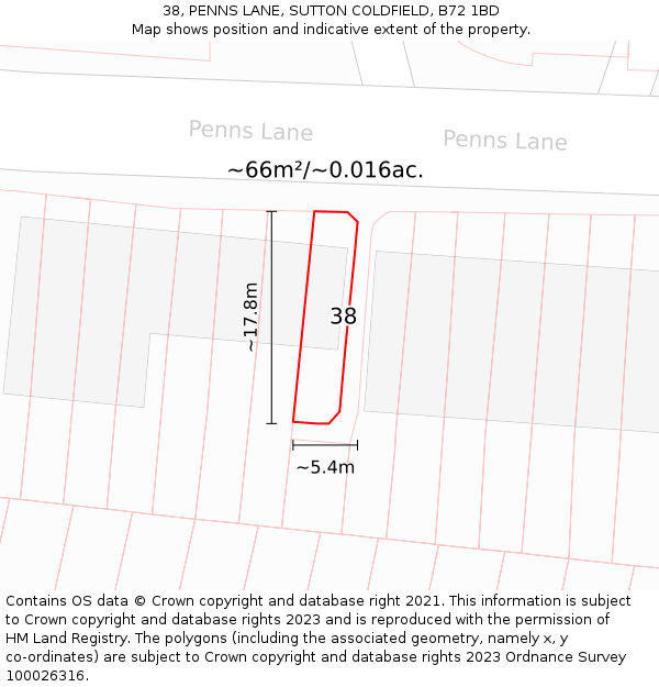 38, PENNS LANE, SUTTON COLDFIELD, B72 1BD: Plot and title map