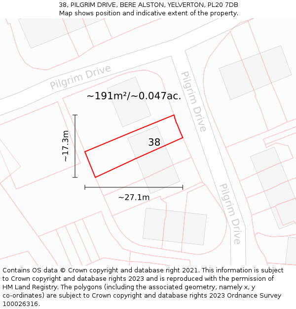 38, PILGRIM DRIVE, BERE ALSTON, YELVERTON, PL20 7DB: Plot and title map