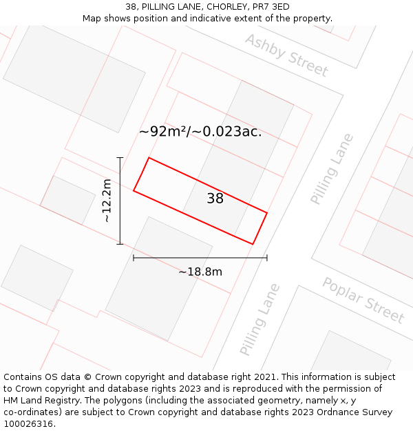 38, PILLING LANE, CHORLEY, PR7 3ED: Plot and title map