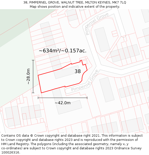 38, PIMPERNEL GROVE, WALNUT TREE, MILTON KEYNES, MK7 7LQ: Plot and title map