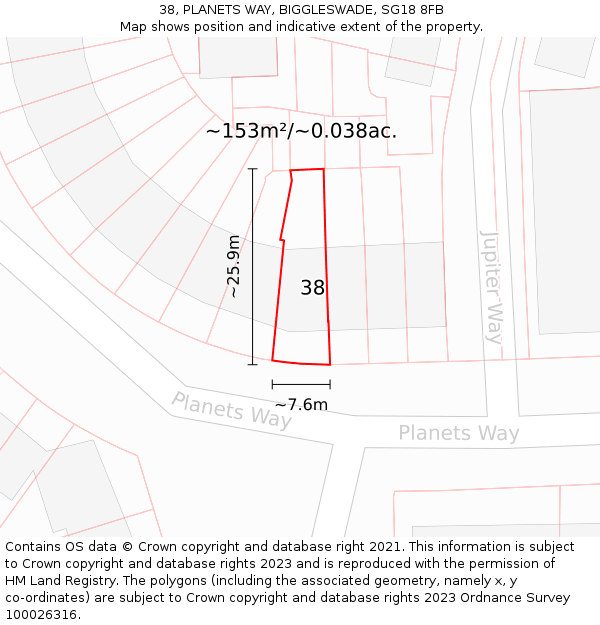 38, PLANETS WAY, BIGGLESWADE, SG18 8FB: Plot and title map