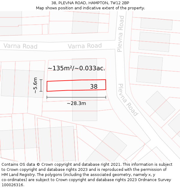 38, PLEVNA ROAD, HAMPTON, TW12 2BP: Plot and title map