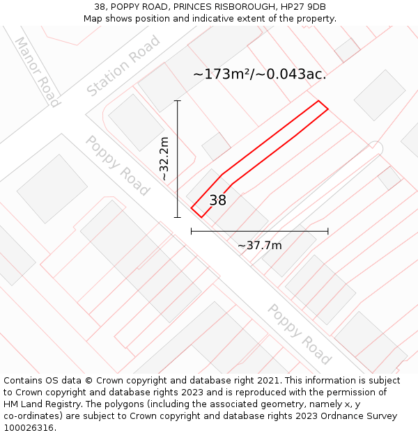 38, POPPY ROAD, PRINCES RISBOROUGH, HP27 9DB: Plot and title map