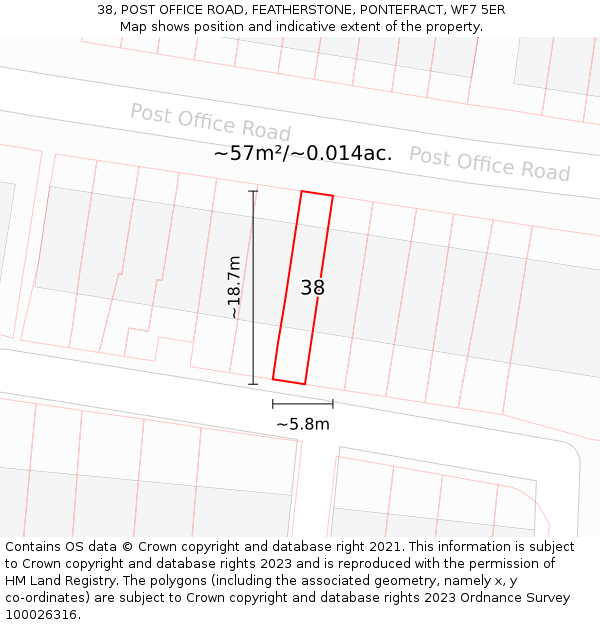 38, POST OFFICE ROAD, FEATHERSTONE, PONTEFRACT, WF7 5ER: Plot and title map