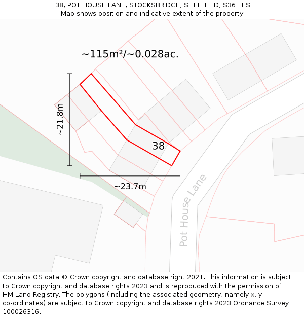 38, POT HOUSE LANE, STOCKSBRIDGE, SHEFFIELD, S36 1ES: Plot and title map